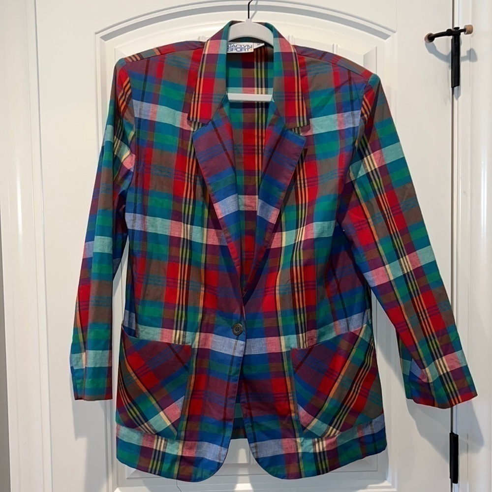 𝅺Vintage rainbow plaid cotton preppy money boyfriend oversized blazer M